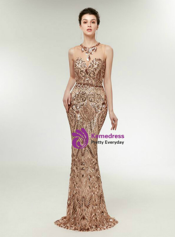 Gold Sequins Mermaid Sleeveless See Through Long Prom Dress