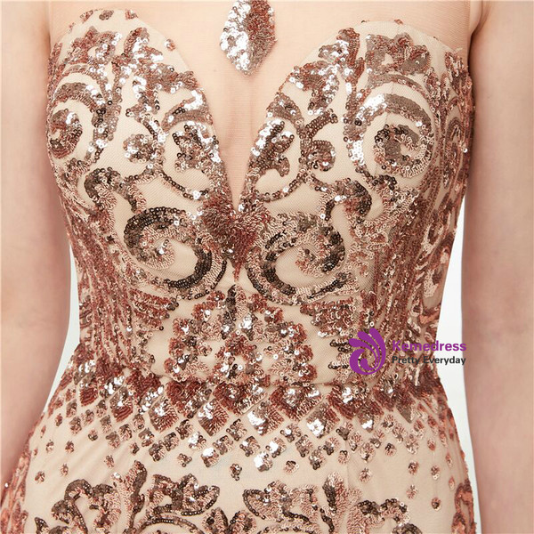 Gold Sequins Mermaid Sleeveless See Through Long Prom Dress