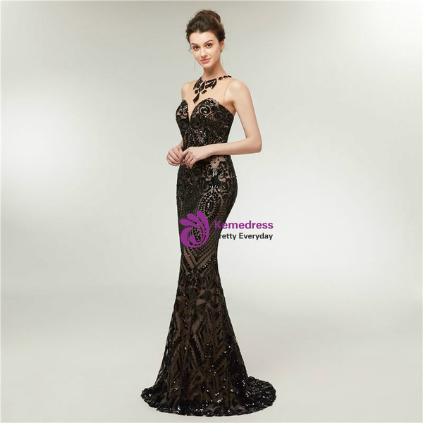 Romance Black Mermaid Sequins Scoop Sleeveless Floor Length Prom Dress