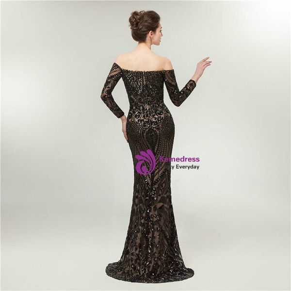 Glamorous Black Mermaid Off The Shoulder Sequins Long Sleeve Prom Dress