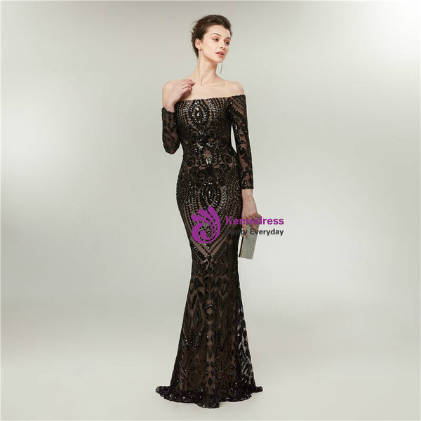 Glamorous Black Mermaid Off The Shoulder Sequins Long Sleeve Prom Dress