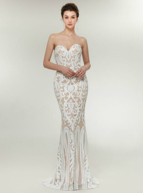 Fashion White Champagne Mermaid Sequins Sweetheart Prom Dress