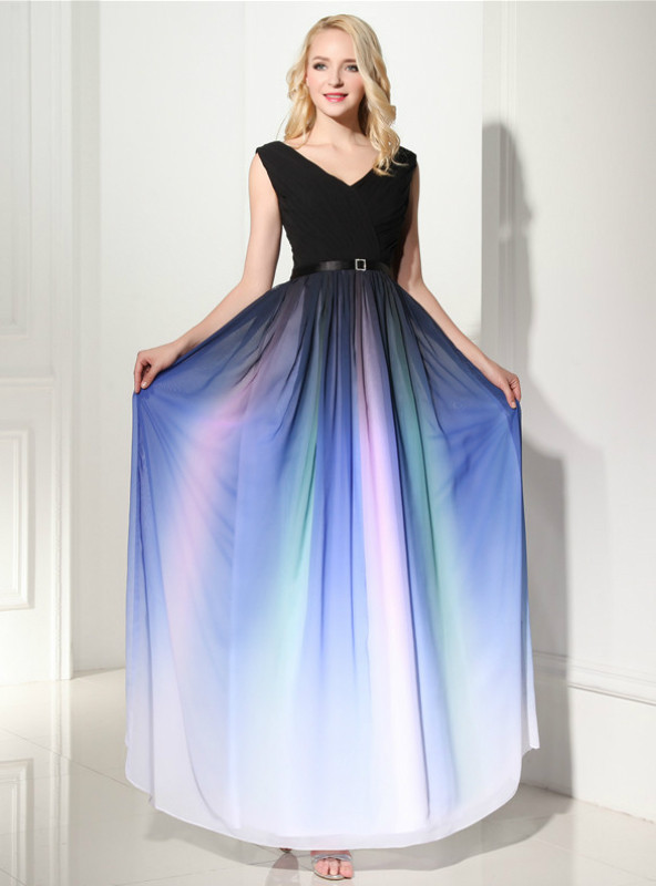 A-Line Blue Gradual Change Color Chiffon V-neck Pleats Floor Length Prom Dress