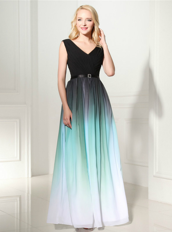 A-Line Green Gradual Change Color Chiffon V-neck Prom Dress