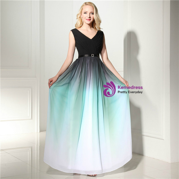 A-Line Green Gradual Change Color Chiffon V-neck Prom Dress