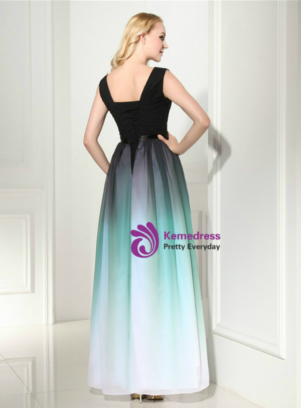 A-Line Green Gradual Change Color Chiffon V-neck Prom Dress
