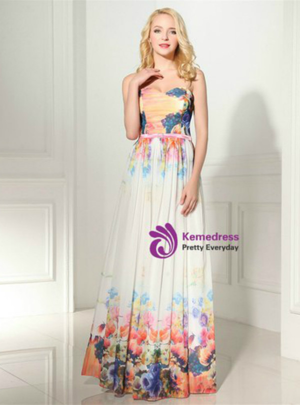 Simple A-Line Print Sweetheart Neck Pleats Floor Length Prom Dress
