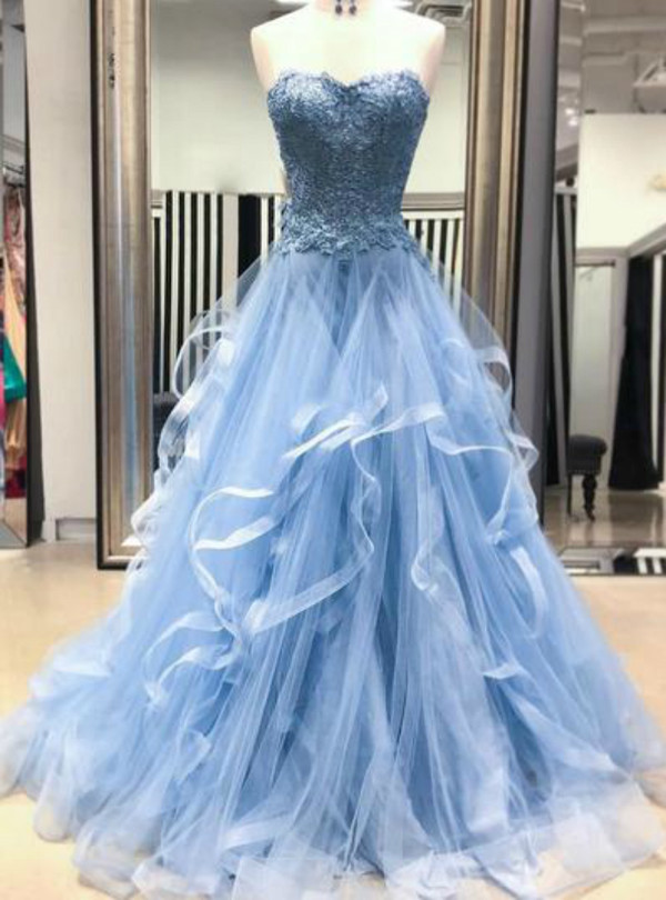 A-Line Blue Tulle Lace Appliques Sweetheart Layered Prom Dress