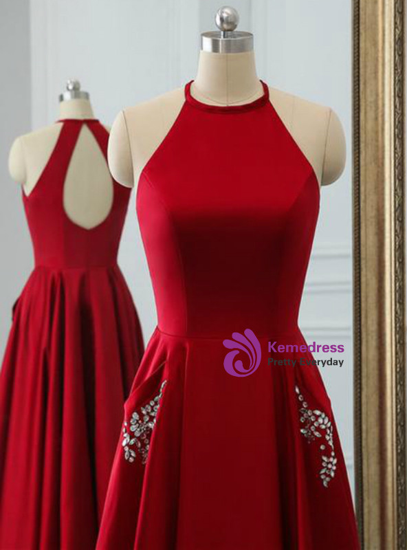 Winsome A Line Burgundy Satin Halter Open Back Prom Dress With Pocket