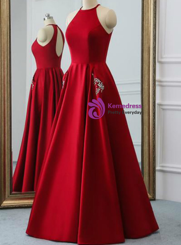 Winsome A Line Burgundy Satin Halter Open Back Prom Dress With Pocket