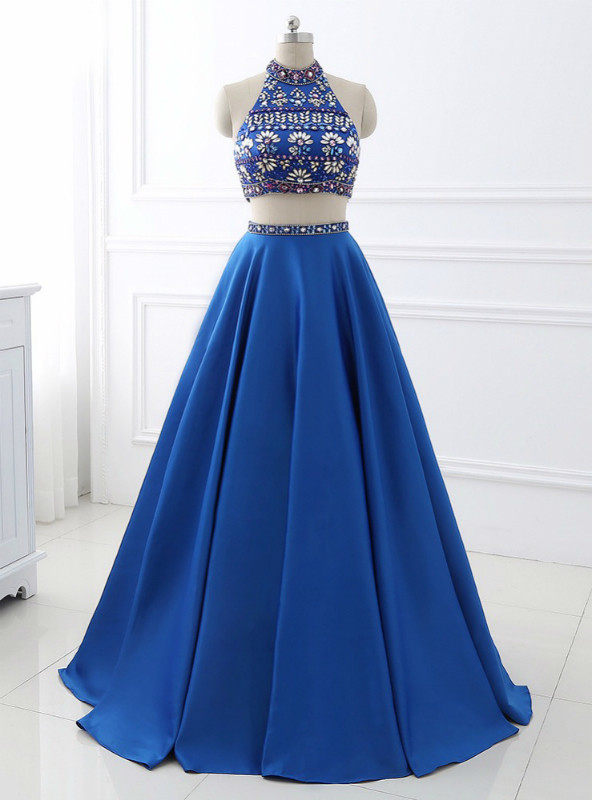 Royal Blue Satin Two Piece Halter Backless Long Prom Dress With Crystal