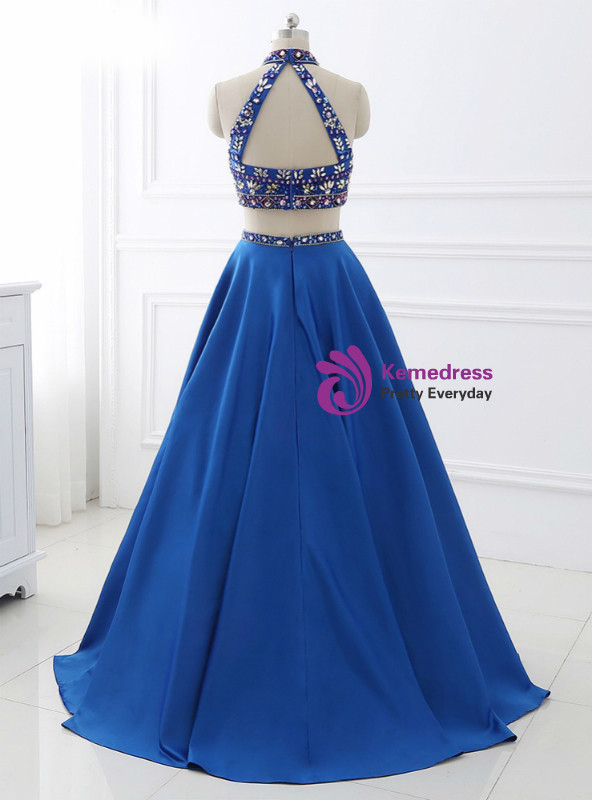 Royal Blue Satin Two Piece Halter Backless Long Prom Dress With Crystal