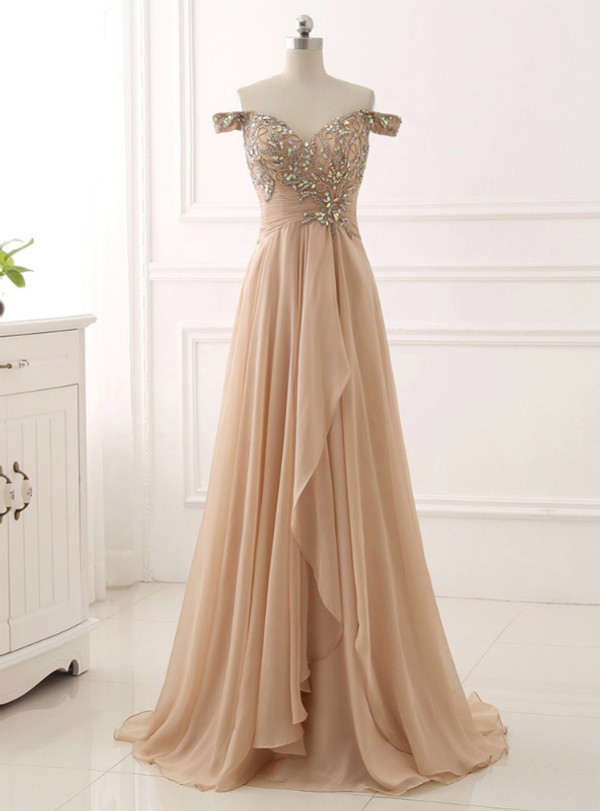 A-Line Champagne Chiffon Off The Shoulder Pleats Prom Dress 