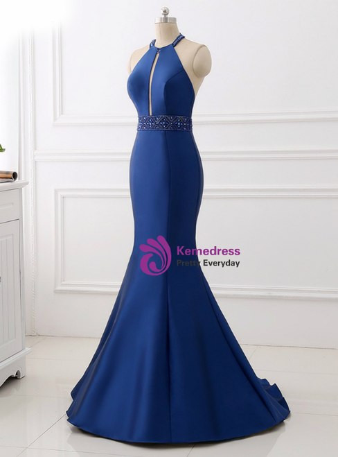 Mermaid Blue Satin Halter Cut Out Backless Prom Dress With Beading