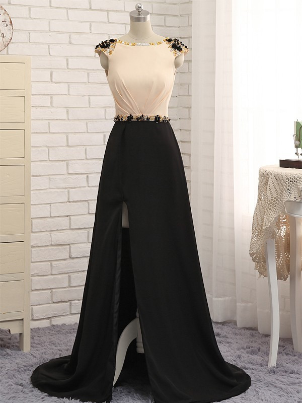 Champagne Black Satin Cap Sleeve Backless Long Prom Dress With Side Split