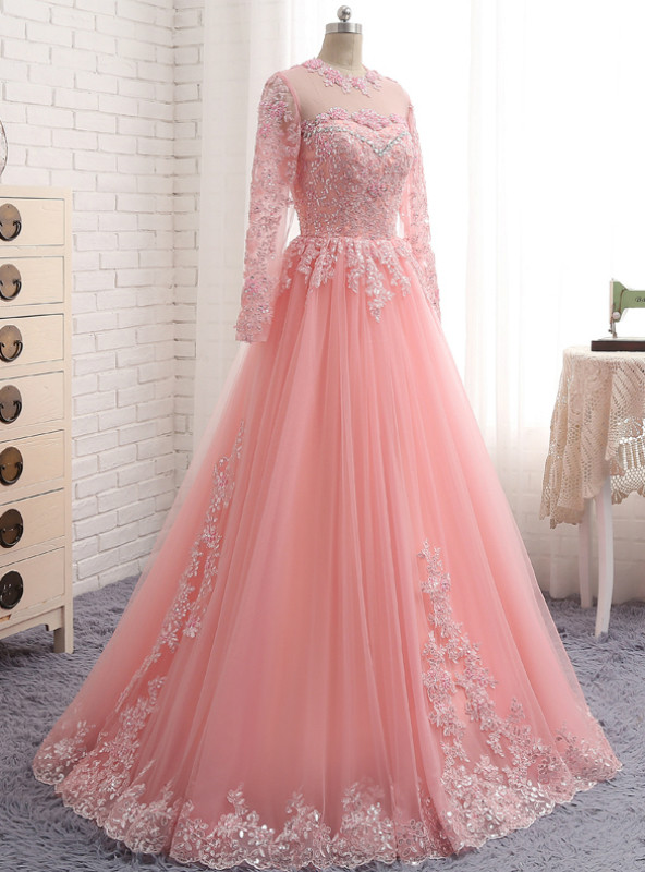 Pink Tulle Lace Appliques Long Sleeve Princess Prom Dress