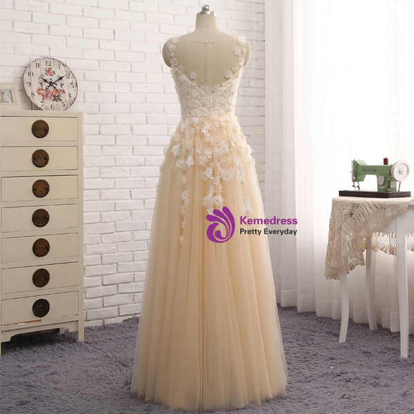 A-Line Champagne Tulle V-neck See Through Back Appliques Long Prom Dress