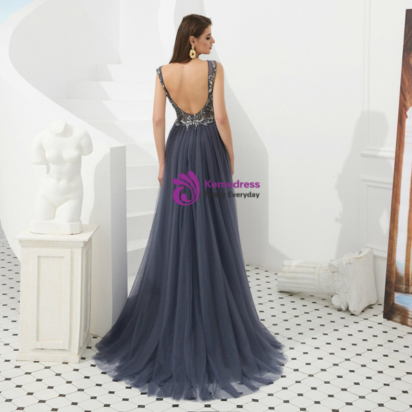 A-Line Gray Sheath Tulle V-neck Backless Prom Dress With Beading