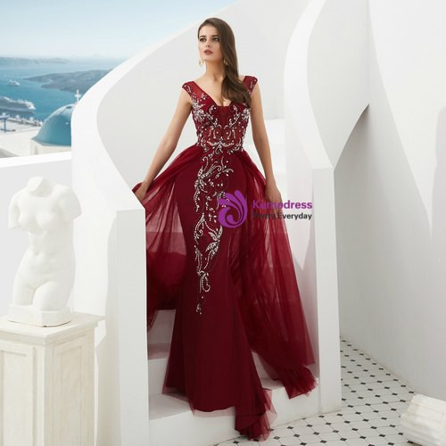 Burgundy Tulle V-neck Backless Prom Dress With Beading Crystal