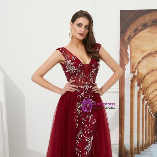 Burgundy Tulle V-neck Backless Prom Dress With Beading Crystal