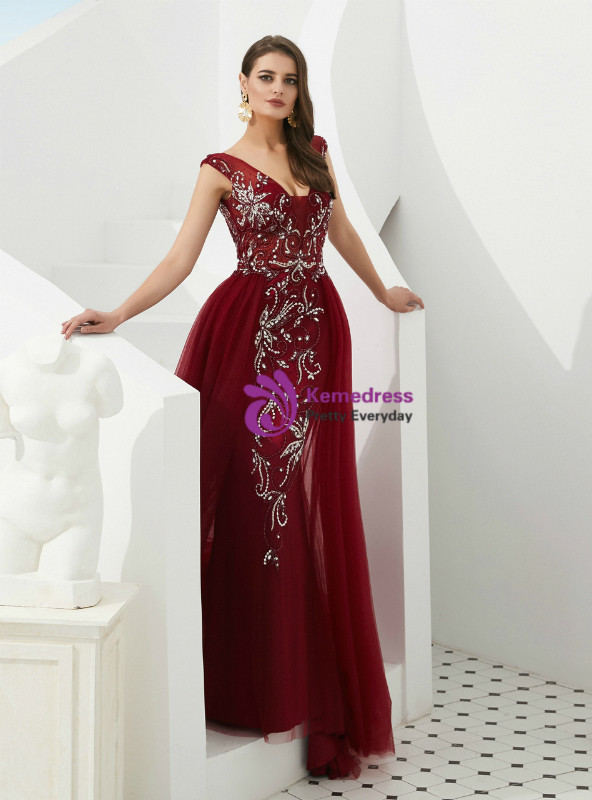 Burgundy Tulle V-neck Backless Prom Dress With Beading Crystal