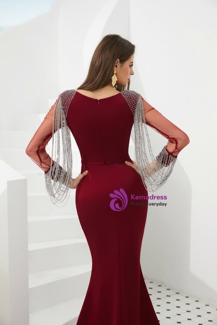 Simple Burgundy Mermaid Long Sleeve Satin Prom Dress With Beading