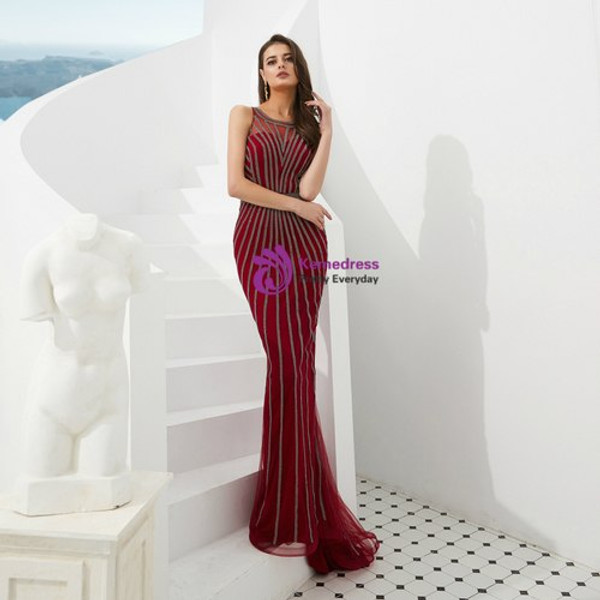 Sexy Burgundy Mermaid Tulle Sleeveless Prom Dress With Beading