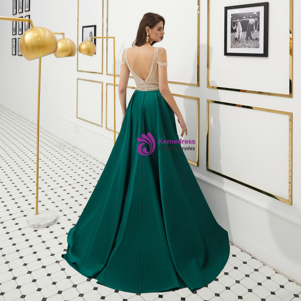 A-Line Green Satin V-neck Cold Shoulder Backless Prom Dress With Beading
