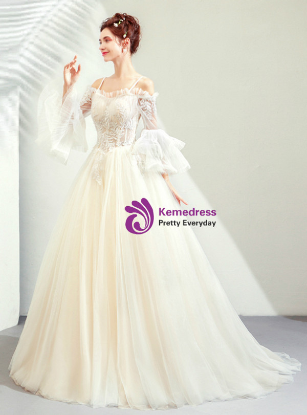 In Stock:Ship in 48 Hours Spaghetti Straps Puff Sleeve Wedding Dress
