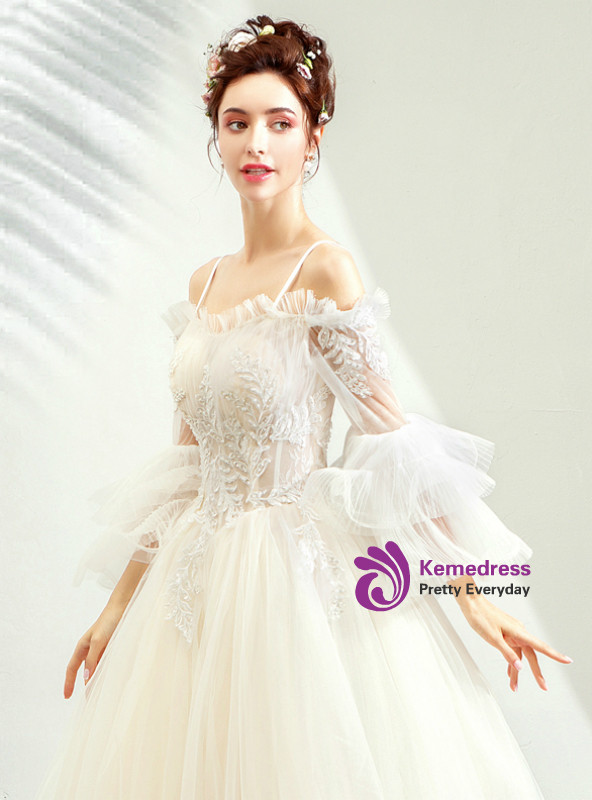 In Stock:Ship in 48 Hours Spaghetti Straps Puff Sleeve Wedding Dress