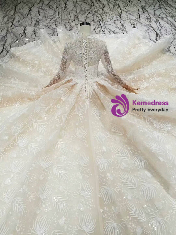 Shop 2019 Long & Short Champagne Ball Gown Tulle Lace High Neck Long Sleeve Wedding Dress With Beading With Factory Price From Kemedress