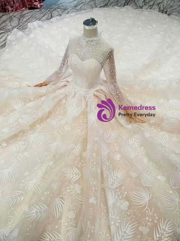 Shop 2019 Long & Short Champagne Ball Gown Tulle Lace High Neck Long Sleeve Wedding Dress With Beading With Factory Price From Kemedress