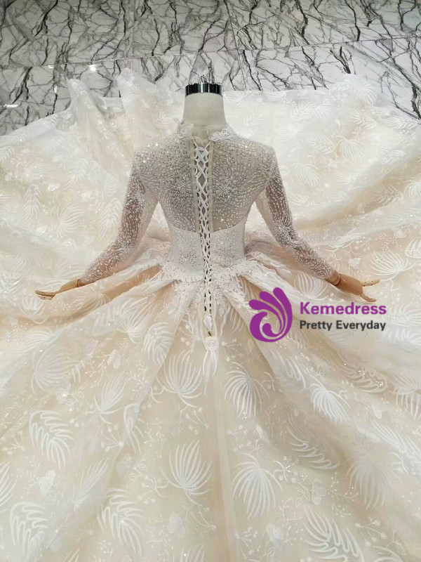 Shop 2019 Long & Short Champagne Ball Gown Tulle Lace High Neck Long Sleeve Wedding Dress With Beading With Factory Price From Kemedress