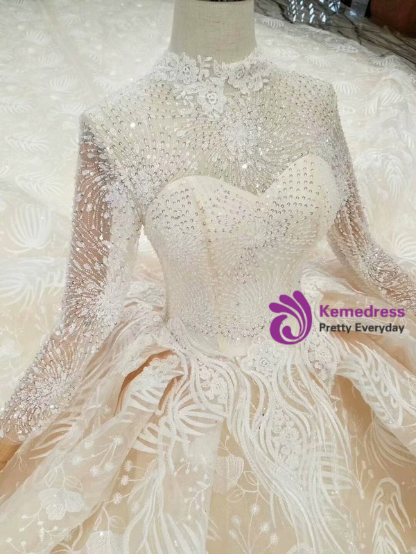 Shop 2019 Long & Short Champagne Ball Gown Tulle Lace High Neck Long Sleeve Wedding Dress With Beading With Factory Price From Kemedress