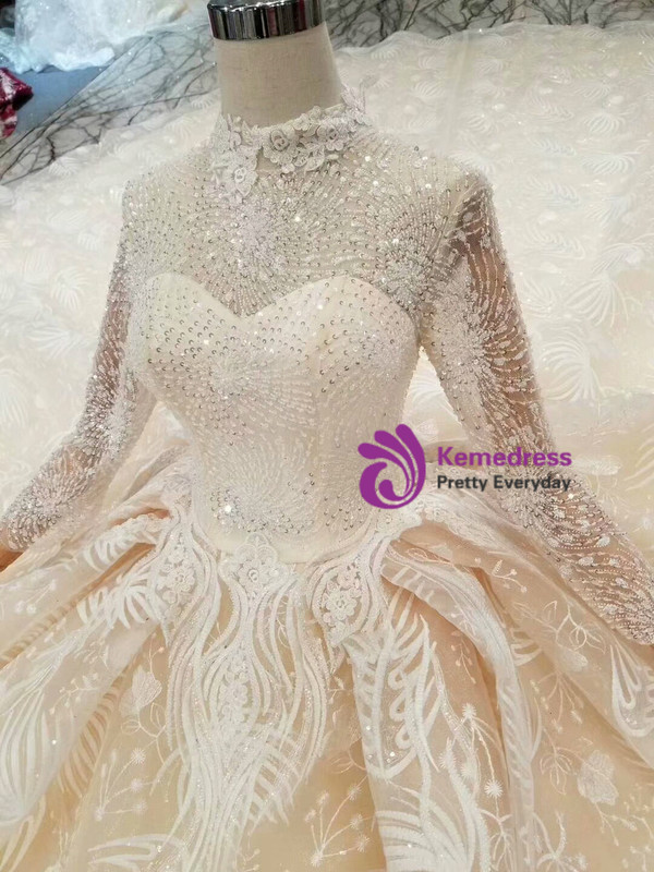 Shop 2019 Long & Short Champagne Ball Gown Tulle Lace High Neck Long Sleeve Wedding Dress With Beading With Factory Price From Kemedress