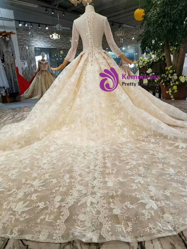 Shop 2019 Long & Short Champagne Lace V-neck Long Sleeve Haute Couture Wedding Dresses With Beading With Factory Price From Kemedress