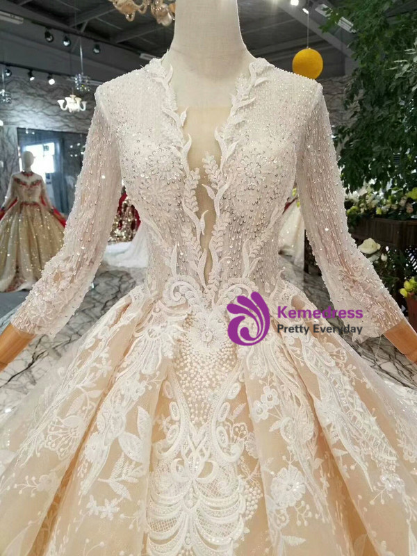 Shop 2019 Long & Short Champagne Lace V-neck Long Sleeve Haute Couture Wedding Dresses With Beading With Factory Price From Kemedress