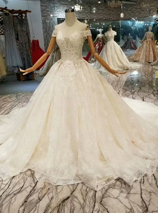 Shop 2019 Long & Short Champagne Ball Gown Sequins Lace Appliques Off The Shoulder Wedding Dress With Factory Price From Kemedress