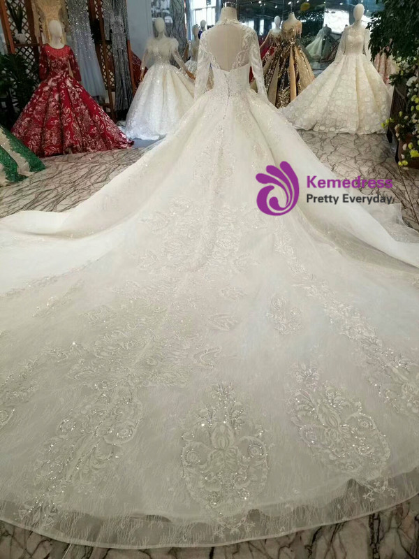 Shop 2019 Long & Short Ball Gown Tulle Lace Appliques Long Sleeve Backless Wedding Dress With Beading With Factory Price From Kemedress