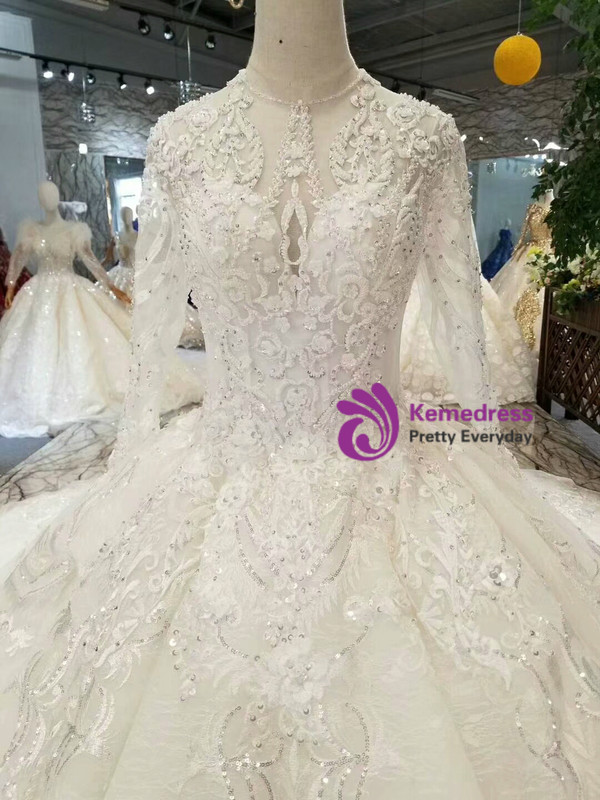 Shop 2019 Long & Short Ball Gown Tulle Lace Appliques Long Sleeve Backless Wedding Dress With Beading With Factory Price From Kemedress