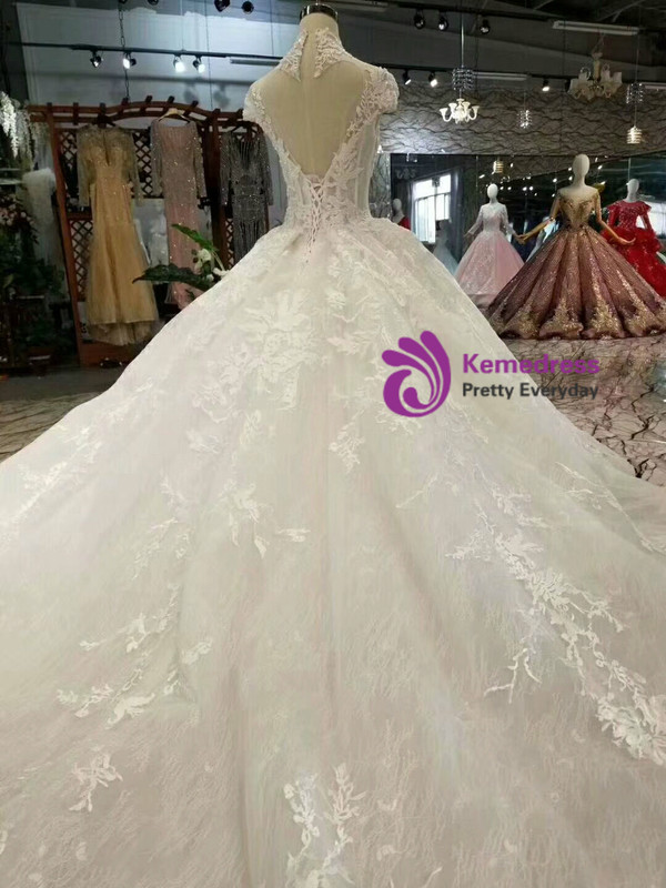 Shop 2019 Long & Short Ball Gown Tulle High Neck Backless Cap Sleeve Wedding Dress With Long Train With Factory Price From Kemedress