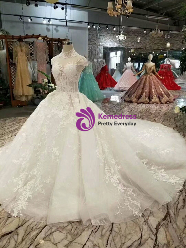 Shop 2019 Long & Short Ball Gown Tulle High Neck Backless Cap Sleeve Wedding Dress With Long Train With Factory Price From Kemedress