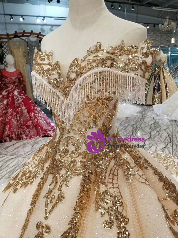Shop 2019 Long & Short Champagne Ball Gown Sequins Gold Sequins Appliques Off the Shoulder Wedding Dress With Factory Price From Kemedress