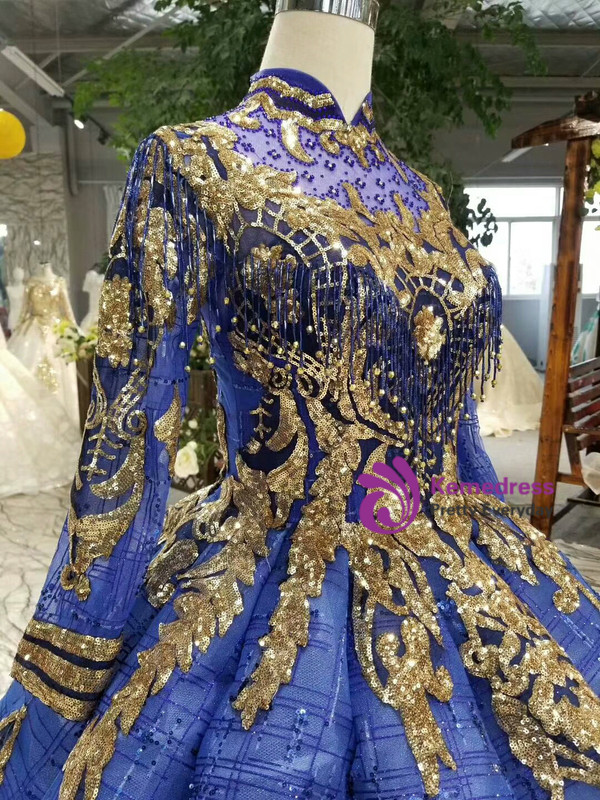 Shop 2019 Long & Short Blue Ball Gown Gold Sequins Appliques High Neck Long SLeeve Wedding Dress With Factory Price From Kemedress