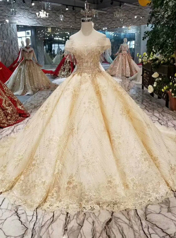 Shop 2019 Long & Short Champagne Ball Gown Lace Off The Shoulder Wedding Dress With Beading With Factory Price From Kemedress