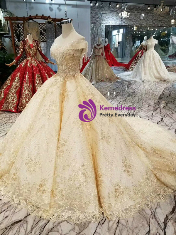 Shop 2019 Long & Short Champagne Ball Gown Lace Off The Shoulder Wedding Dress With Beading With Factory Price From Kemedress