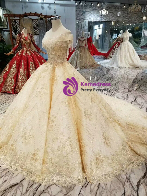 Shop 2019 Long & Short Champagne Ball Gown Lace Off The Shoulder Wedding Dress With Beading With Factory Price From Kemedress