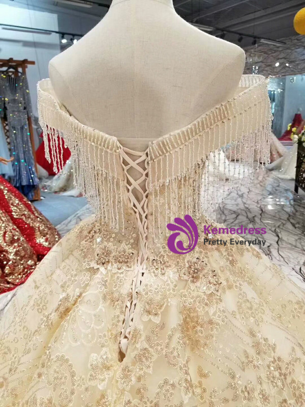 Shop 2019 Long & Short Champagne Ball Gown Lace Off The Shoulder Wedding Dress With Beading With Factory Price From Kemedress