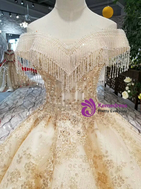 Shop 2019 Long & Short Champagne Ball Gown Lace Off The Shoulder Wedding Dress With Beading With Factory Price From Kemedress