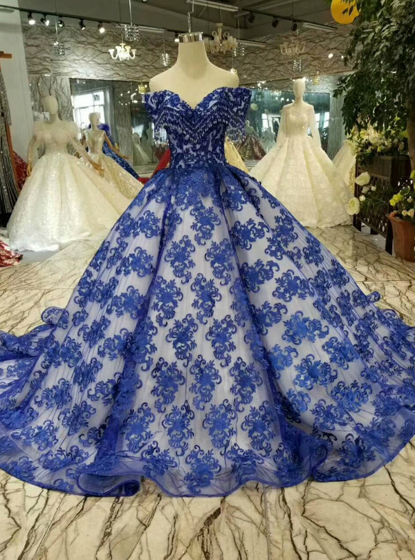 Shop 2019 Long & Short Blue Lace Ball Gown Off The Shoulder Wedding Dress With Beading With Factory Price From Kemedress
